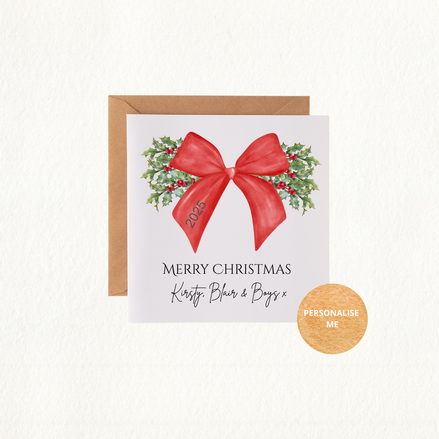 Personalised Family Christmas Card with Kraft Envelope. Large Bow
