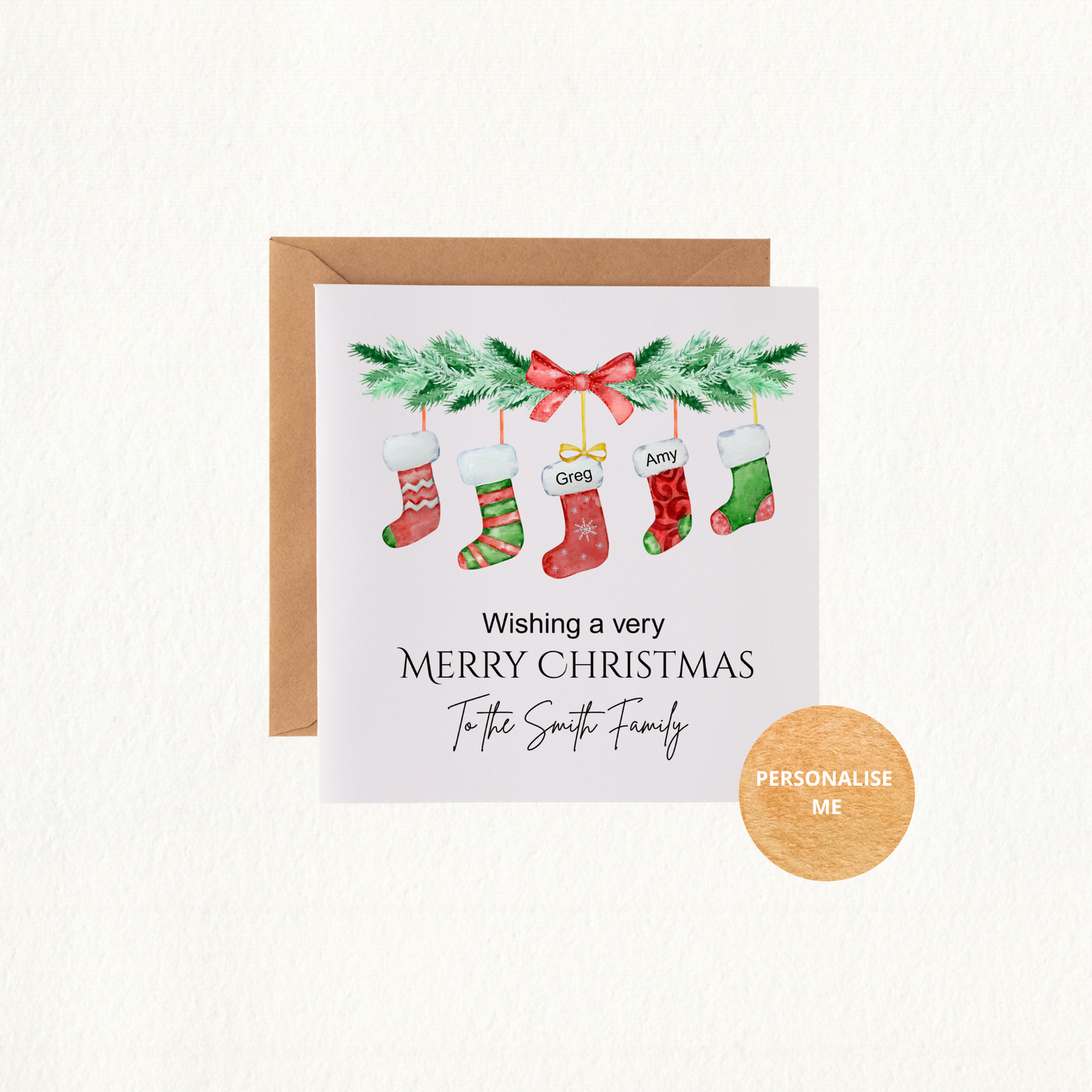 Personalised Family Christmas Card with Kraft Envelope. Stockings