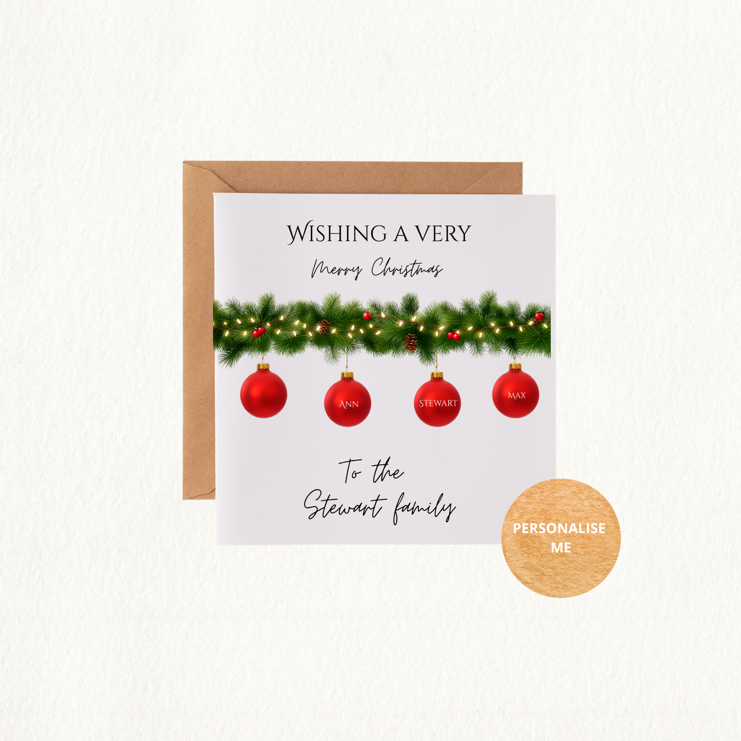 Personalised Family Christmas Card with Kraft Envelope. Baubles
