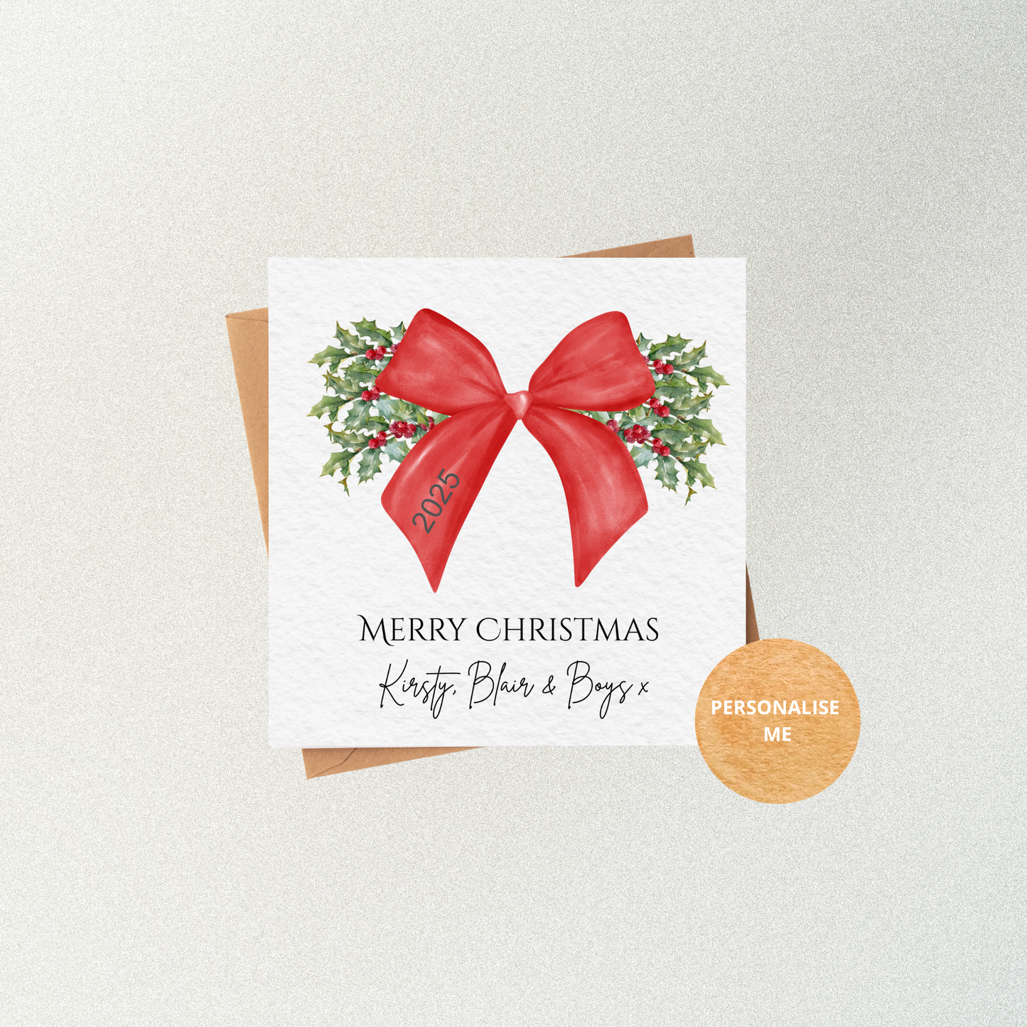 Personalised Family Christmas Card with Kraft Envelope. Large Bow