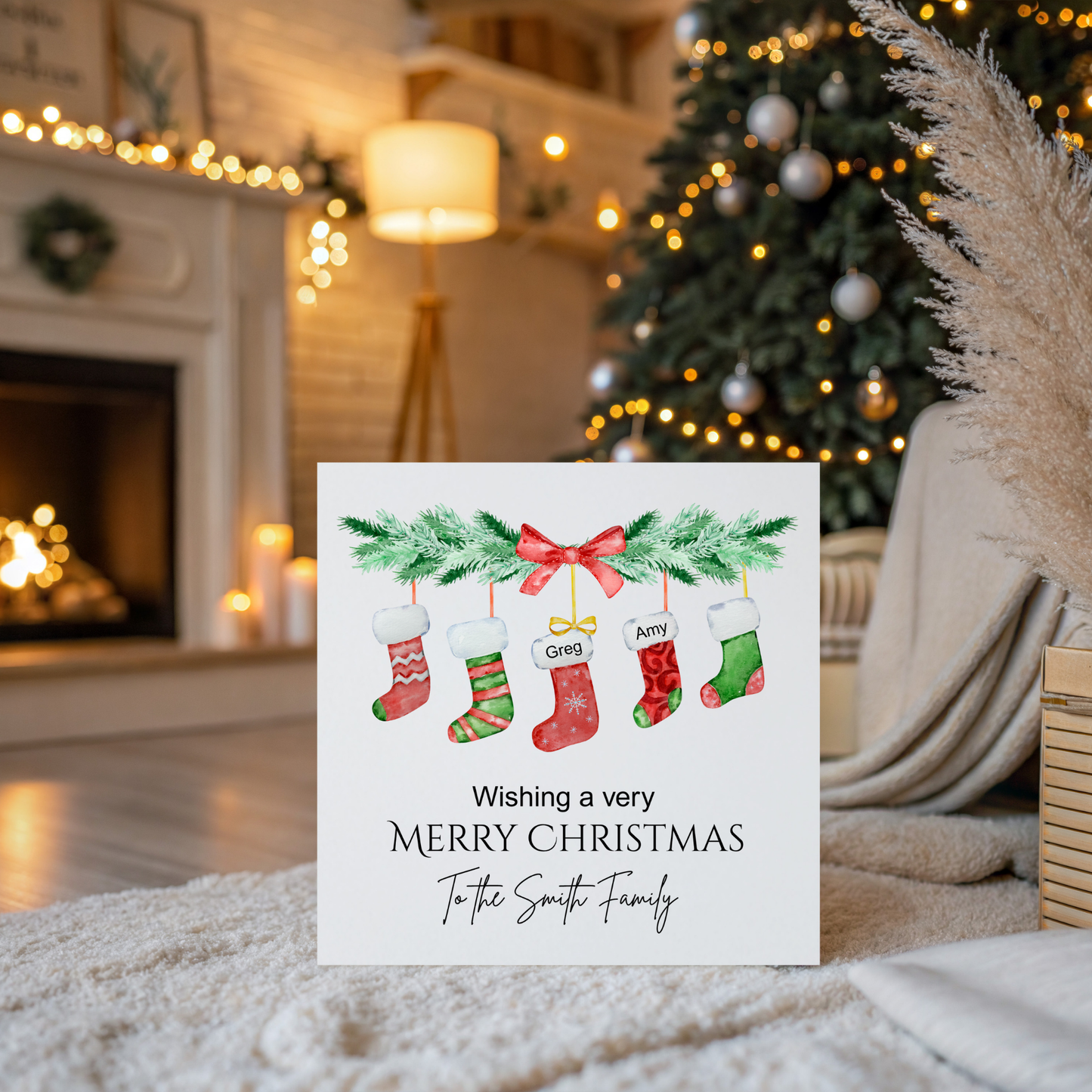Personalised Family Christmas Card with Kraft Envelope. Stockings