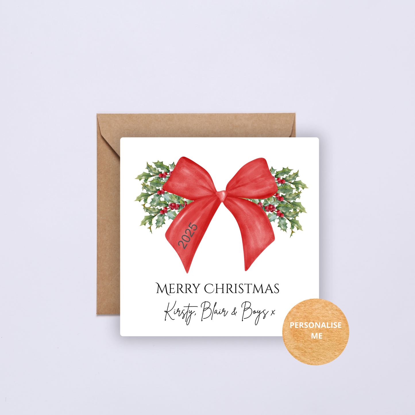 Personalised Family Christmas Card with Kraft Envelope. Large Bow