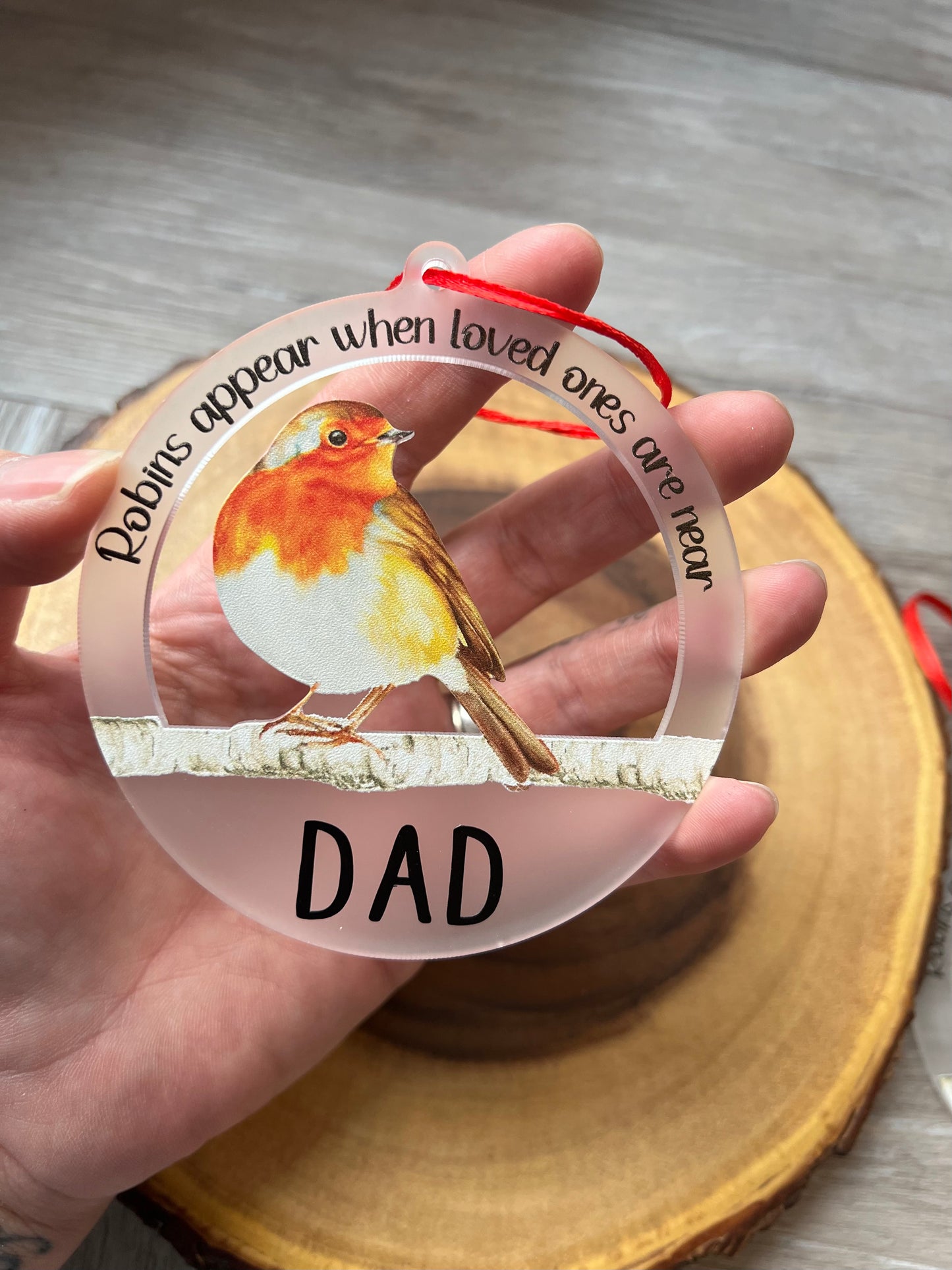 Frosted Acrylic Bauble - Robin.  Personalised