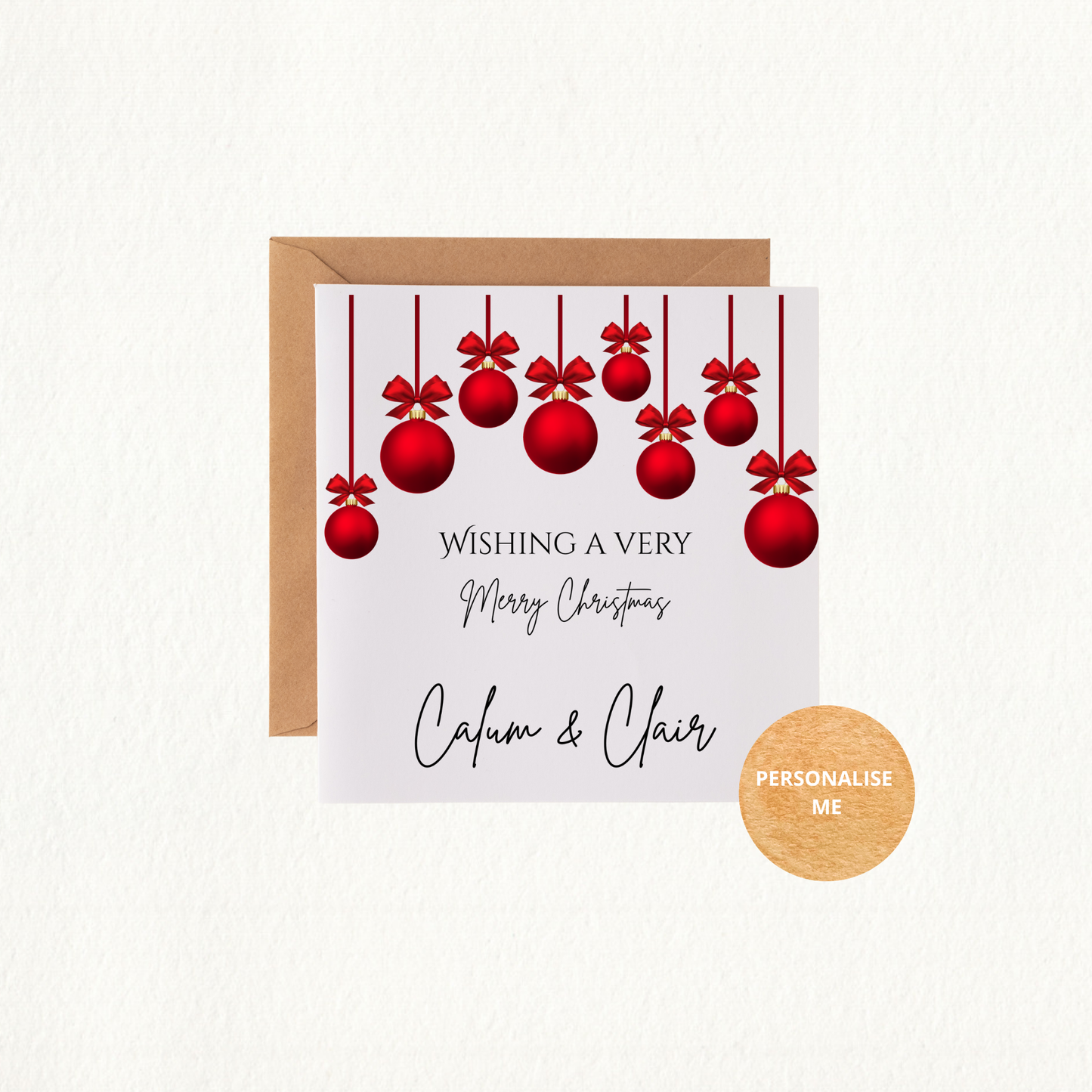 Personalised Family Christmas Card with Kraft Envelope.  Baubles and Bow