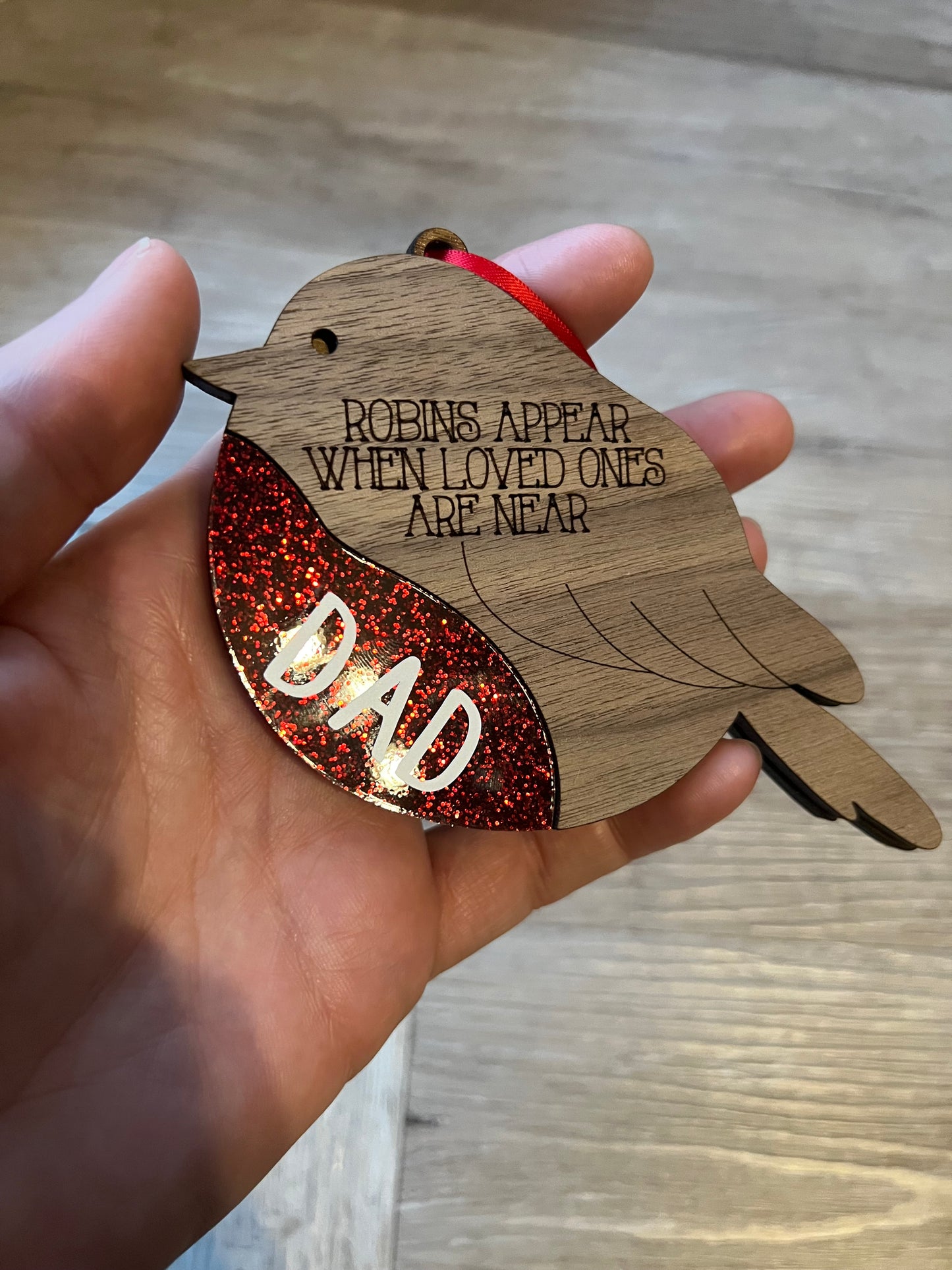 Robin Baubles with Red Glitter Belly - Personalised