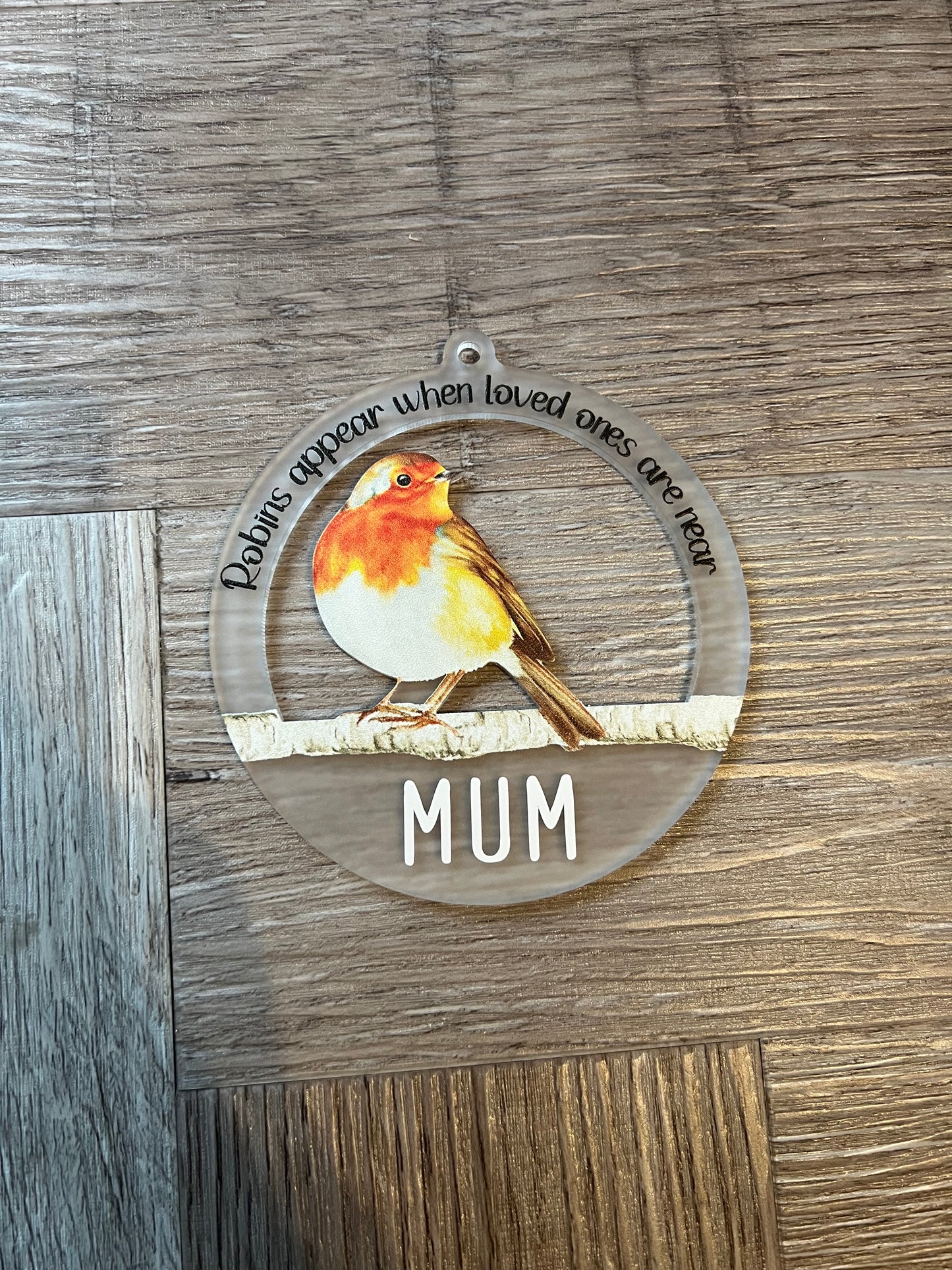 Frosted Acrylic Bauble - Robin.  Personalised