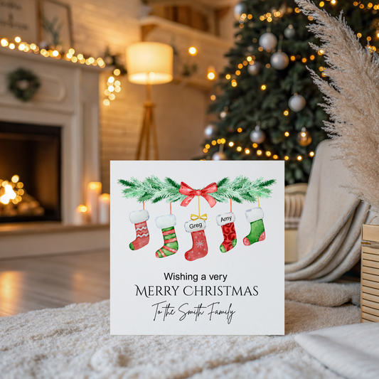 Personalised Family Christmas Card with Kraft Envelope.  Stockings