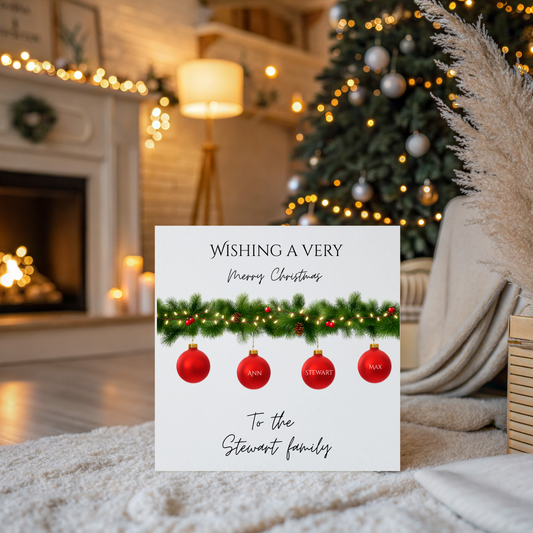 Personalised Family Christmas Card with Kraft Envelope.  Baubles