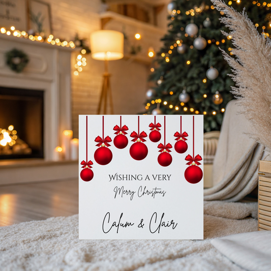 Personalised Family Christmas Card with Kraft Envelope.  Baubles and Bow