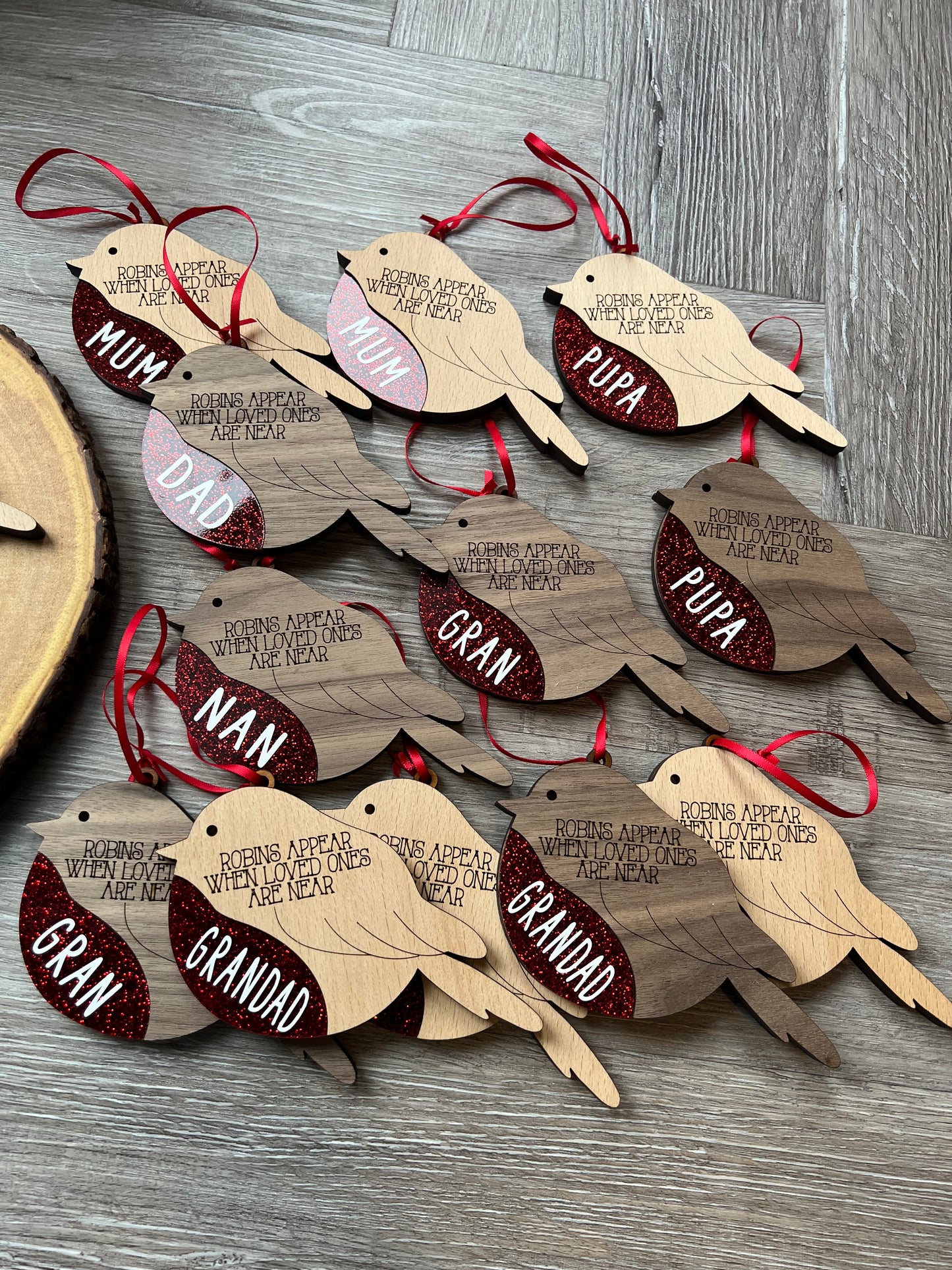 Robin Baubles with Red Glitter Belly - Personalised