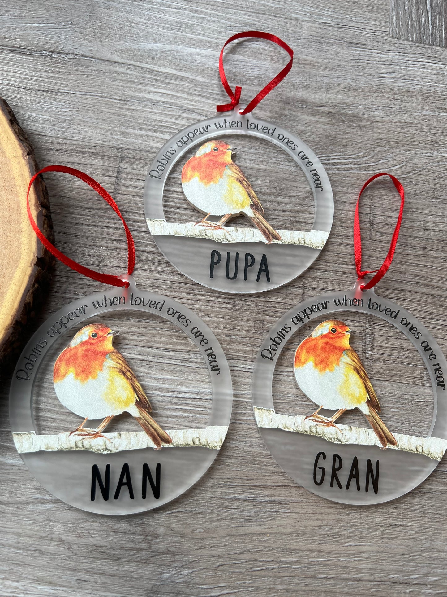 Frosted Acrylic Bauble - Robin.  Personalised