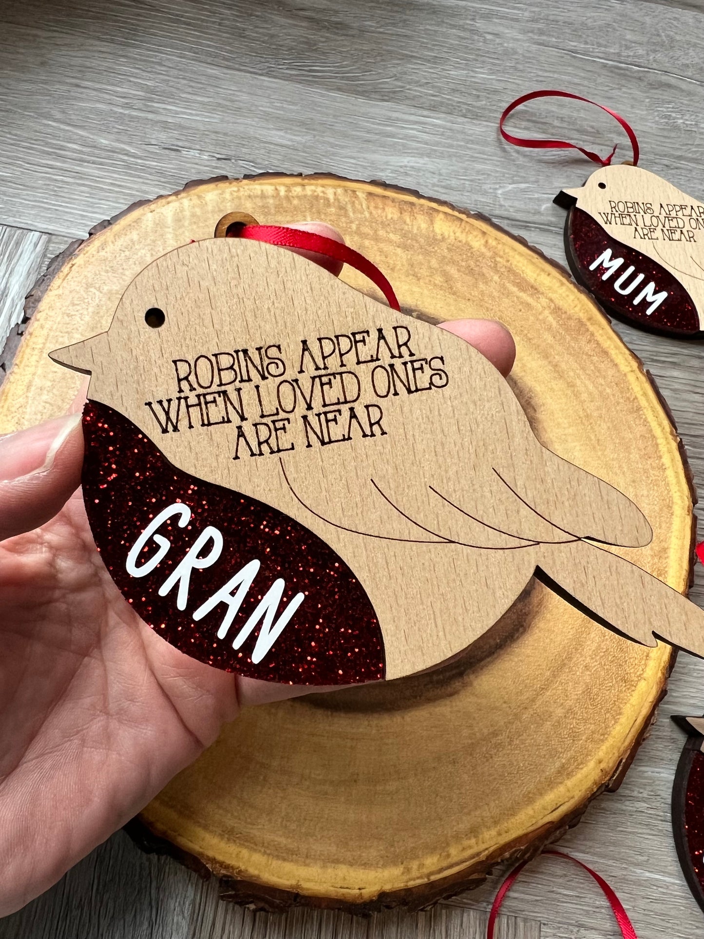 Robin Baubles with Red Glitter Belly - Personalised