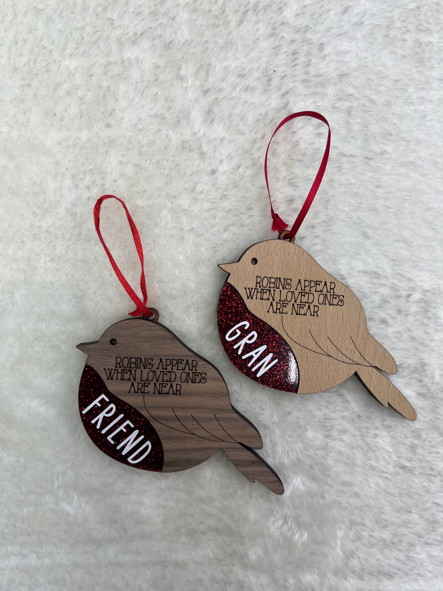 Robin Baubles with Red Glitter Belly - Personalised