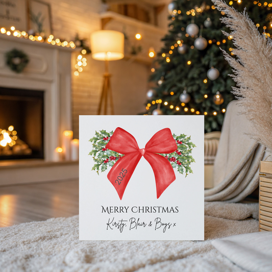 Personalised Family Christmas Card with Kraft Envelope. Large Bow