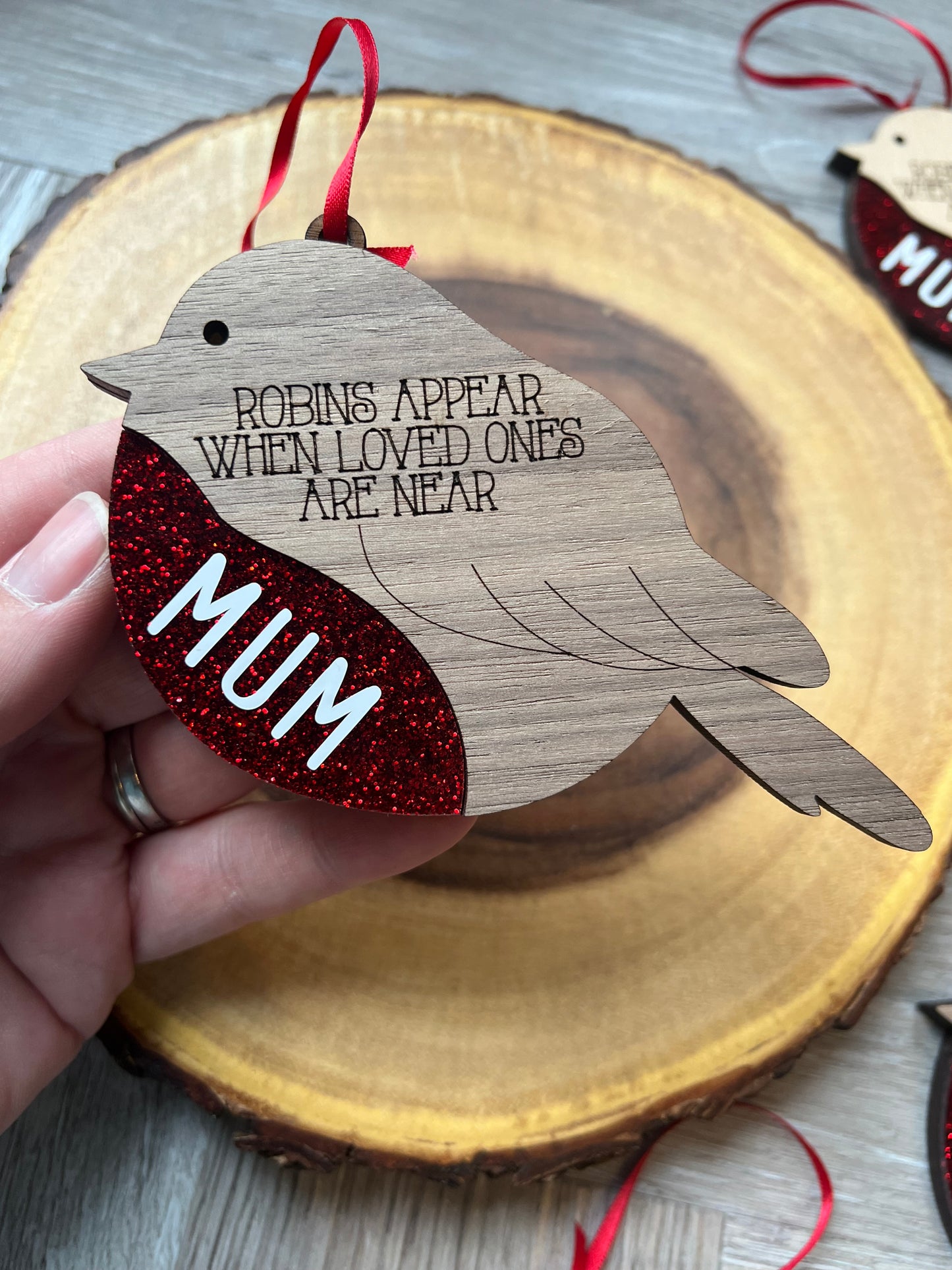 Robin Baubles with Red Glitter Belly - Personalised